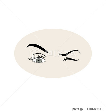Female eyes icon with eye brows. Illustration of woman's sexy luxurious eye with perfectly shaped eyebrows and full lashes. Hand-drawn Idea. 110689812
