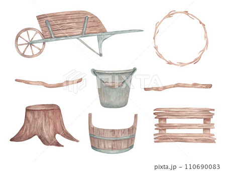 Set of wooden items.Round frame of branches,wooden cart with bucket and box,stump,tree branches.Watercolor illustration for agriculture, harvesting, gardening, husbandry.Hand drawn isolated art. Set of wooden items.Round frame of branches,wooden cart with bucket and box,stump,tree branches.Watercolor illustration for agriculture, harvesting, gardening, husbandry.Hand drawn isolated art. 110690083