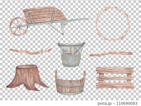 Set of wooden items.Round frame of branches,wooden cart with bucket and box,stump,tree branches.Watercolor illustration for agriculture, harvesting, gardening, husbandry.Hand drawn isolated art. Set of wooden items.Round frame of branches,wooden cart with bucket and box,stump,tree branches.Watercolor illustration for agriculture, harvesting, gardening, husbandry.Hand drawn isolated art. 110690083