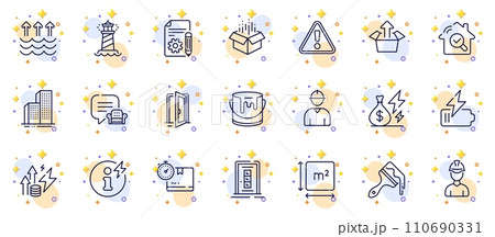 Outline set of Brush, Foreman and Electricity price line icons for web app. Include Battery, Energy inflation, Warning pictogram icons. Send box, Engineer, Power info signs. Open door. Vector 110690331