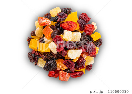 Top view pile of various dried tropical fruit. Top view pile of various dried tropical fruit. 110690350