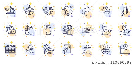 Outline set of Insurance hand, Biotin vitamin and Protection shield line icons for web app. Include Juice, Time zone, Video conference pictogram icons. Inflation, Baggage, Storage signs. Vector 110690398