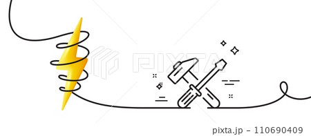 Hammer and screwdriver line icon. Continuous one line with curl. Repair service sign. Fix instruments symbol. Hammer tool single outline ribbon. Loop curve with energy. Vector 110690409