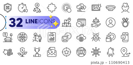 Outline set of Timer, Download photo and Cash back line icons for web with Co2 gas, Journey, Winner podium thin icon. Dish, Qr code, Report document pictogram icon. Smile, 5g internet. Vector 110690413