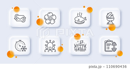 Refresh mail, Grill and Fish dish line icons pack. 3d glass buttons with blurred circles. Arena, Natural linen, Dumbbell web icon. Freezing timer, Squad pictogram. For web app, printing. Vector Refresh mail, Grill and Fish dish line icons pack. 3d glass buttons with blurred circles. Arena, Natural linen, Dumbbell web icon. Freezing timer, Squad pictogram. For web app, printing. Vector 110690436