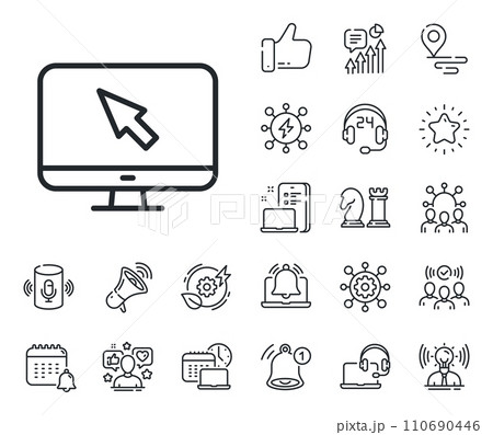 Mouse cursor sign. Place location, technology and smart speaker outline icons. Computer or Monitor icon. Personal computer symbol. Internet line sign. Influencer, brand ambassador icon. Vector Mouse cursor sign. Place location, technology and smart speaker outline icons. Computer or Monitor icon. Personal computer symbol. Internet line sign. Influencer, brand ambassador icon. Vector 110690446