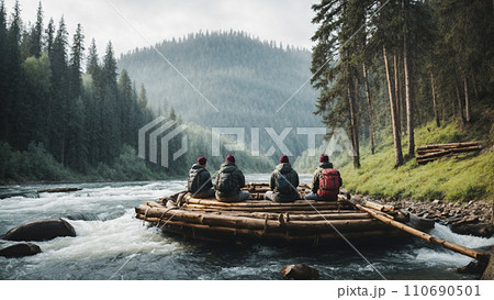 People on a raft on a mountain river 110690501
