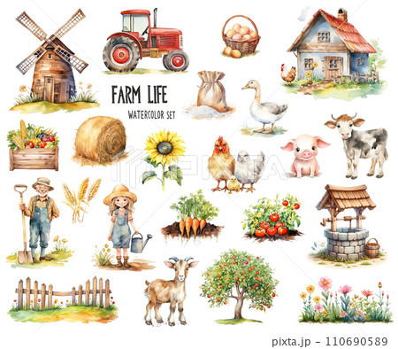 Big watercolor set of farm life with windmill, tractor, animals, vegetables, farmers, and other elements isolated on white background. Big watercolor set of farm life with windmill, tractor, animals, vegetables, farmers, and other elements isolated on white background. 110690589