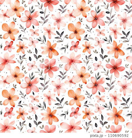 Watercolor seamless floral pattern with pink flowers and leaves isolated on white. 110690592