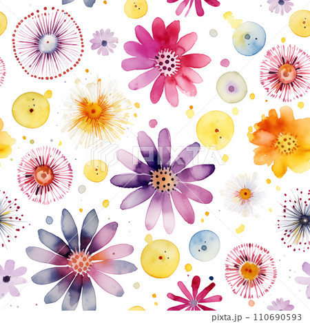 Vibrant watercolor seamless pattern with colorful abstract flowers and splashes isolated on white background. 110690593