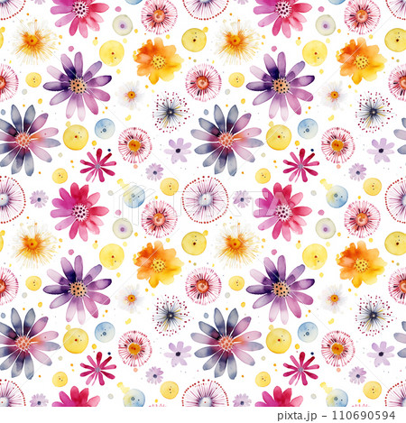 Vibrant watercolor seamless pattern with colorful abstract flowers and splashes isolated on white background. Vibrant watercolor seamless pattern with colorful abstract flowers and splashes isolated on white background. 110690594