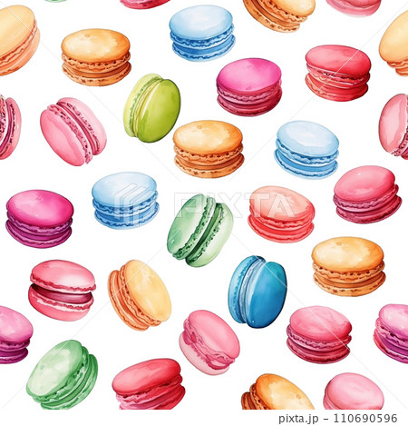 Watercolor seamless pattern with colorful macarons isolated on white background. Watercolor seamless pattern with colorful macarons isolated on white background. 110690596