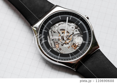 Skeleton wrist watch, close-up top view 110690688