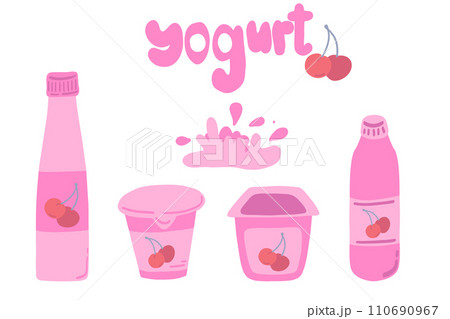 Cherry yogurt set pink colour splashes flat design 110690967