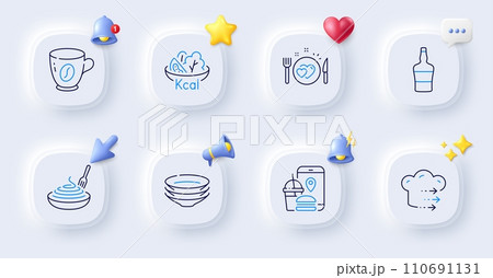Coffee, Food app and Food delivery line icons. Buttons with 3d bell, chat speech, cursor. Pack of Scotch bottle, Salad, Pasta dish icon. Dishes, Romantic dinner pictogram. Vector 110691131