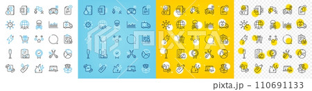 Vector icons set of Power, Fire energy and Champagne glass line icons pack for web with Money, Chemical hazard, Global business outline icon. Inspect, Stars, Ambulance car pictogram. Vector 110691133