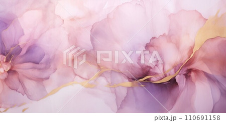 白背景にアルコールインクアートの花風の紫の流動体に金色の装飾。横長抽象バナー。AI生成画像 110691158