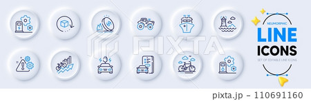 Gas price, Car registration and Training results line icons for web app. Pack of Warning, Tractor, Car charging pictogram icons. Filling station, Bike rental, Charging station signs. Vector Gas price, Car registration and Training results line icons for web app. Pack of Warning, Tractor, Car charging pictogram icons. Filling station, Bike rental, Charging station signs. Vector 110691160