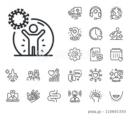 People isolation sign. Online doctor, patient and medicine outline icons. Coronavirus protection line icon. Prevention rules symbol. Coronavirus protection line sign. Vector 110691350