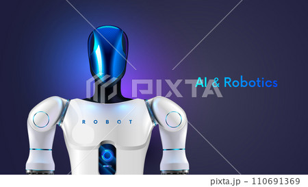 Bipedal autonomous humanoid robot. Humanoid robotics technology. humanoid robot with AI or artificial intelligence. Robot Head in glass mask with actuator hands. Anthropomorphic robotics helper. 110691369