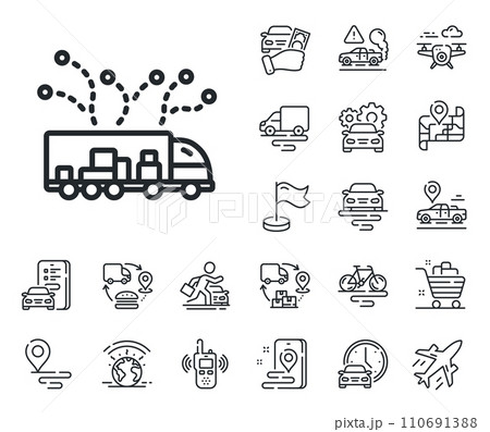 Transportation vehicle sign. Plane, supply chain and place location outline icons. Truck transport line icon. Delivery logistics symbol. Truck delivery line sign. Vector Transportation vehicle sign. Plane, supply chain and place location outline icons. Truck transport line icon. Delivery logistics symbol. Truck delivery line sign. Vector 110691388