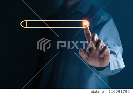Businessman's hand making touch with icon search in digital world communication Businessman's hand making touch with icon search in digital world communication 110691790
