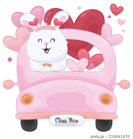 Cartoon rabbit driving a car and a red heart element of valentine day Cartoon rabbit driving a car and a red heart element of valentine day 110691870