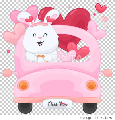 Cartoon rabbit driving a car and a red heart element of valentine day Cartoon rabbit driving a car and a red heart element of valentine day 110691870