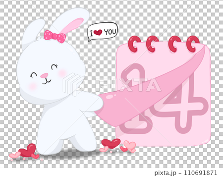 Cartoon rabbit tearing up a calendar Entering date 14th decoration element valentine day Cartoon rabbit tearing up a calendar Entering date 14th decoration element valentine day 110691871