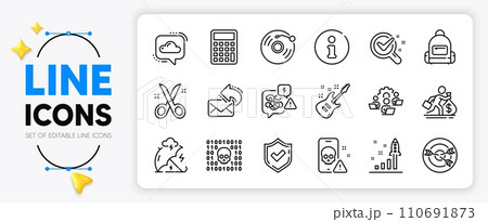 Salary, Teamwork and Stress protection line icons set for app include Info, Scissors, Stress outline thin icon. Backpack, Confirmed, Targeting pictogram icon. Calculator, Electric guitar. Vector 110691873