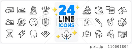 Icons set of Seo gear, Timer and Chemistry pipette line icons pack for app with Qr code, Education, 24 hours thin outline icon. Capsule pill, Clipboard, Vitamin h pictogram. Sick man. Vector Icons set of Seo gear, Timer and Chemistry pipette line icons pack for app with Qr code, Education, 24 hours thin outline icon. Capsule pill, Clipboard, Vitamin h pictogram. Sick man. Vector 110691894