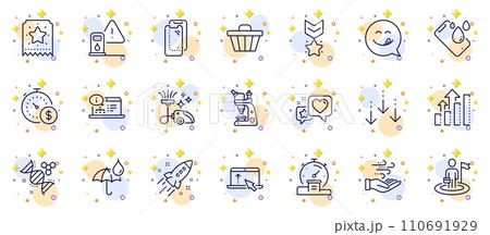 Outline set of Heart, Leadership and Shop cart line icons for web app. Include Chemistry dna, Petrol station, Winner medal pictogram icons. Wind energy, Loyalty ticket, Swipe up signs. Vector 110691929