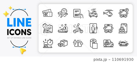 Packing boxes, Delivery online and Bus line icons set for app include Elevator, Delivery cart, Helicopter outline thin icon. Cash transit, Boarding pass, Flight time pictogram icon. Vector 110691930