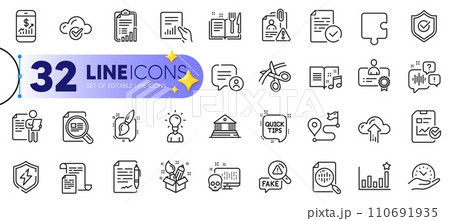 Outline set of Mobile finance, Certificate and Recipe book line icons for web with Court building, Fake news, Check article thin icon. Education, Voicemail, Chat bubble pictogram icon. Vector 110691935
