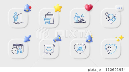 Smile chat, Fisherman and One love line icons. Buttons with 3d bell, chat speech, cursor. Pack of Balloons, Eco bike, Ice cream icon. Sale bags, Puzzle time pictogram. For web app, printing. Vector Smile chat, Fisherman and One love line icons. Buttons with 3d bell, chat speech, cursor. Pack of Balloons, Eco bike, Ice cream icon. Sale bags, Puzzle time pictogram. For web app, printing. Vector 110691954