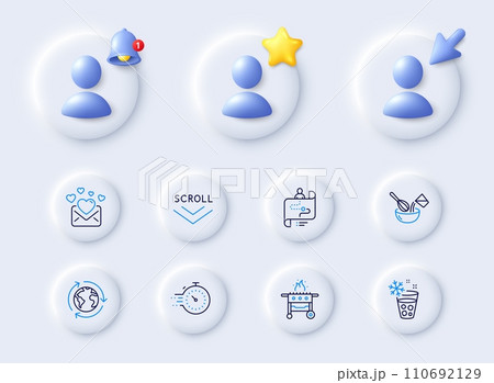 Ice maker, Timer and Gas grill line icons. Placeholder with 3d cursor, bell, star. Pack of Scroll down, Journey path, Outsourcing icon. Cooking whisk, Love mail pictogram. Vector 110692129