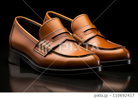 Elegance in Simplicity Leather Shoes Showcased in Sharp Contrast on a Striking Black Background. created with Generative AI 110692417