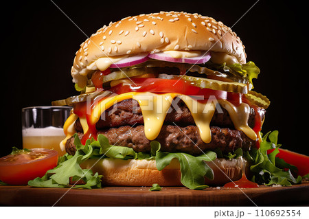 A Juicy and Delectable Hamburger, Celebrating the Classic American Comfort Food. created with Generative AI 110692554