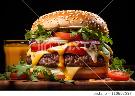 A Juicy and Delectable Hamburger, Celebrating the Classic American Comfort Food. created with Generative AI 110692557