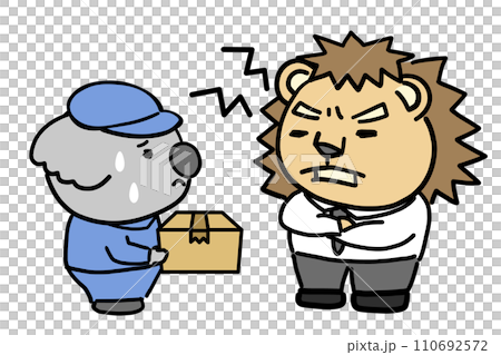 荷物を届けるコアラの配達員と怒るライオンのキャラクター 110692572