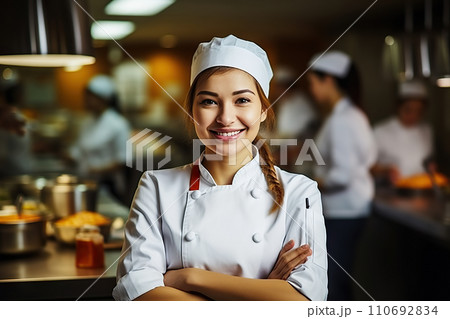 Confident Female Chef Culinary Mastery in the Heart of a Restaurant Kitchen. created with Generative AI 110692834