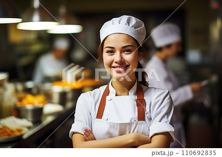 Confident Female Chef Culinary Mastery in the Heart of a Restaurant Kitchen. created with Generative AI 110692835