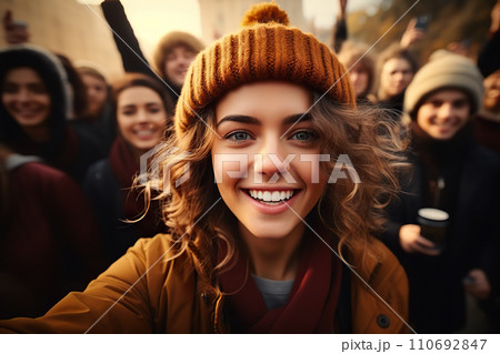 Empowered Diversity Joyful Woman in a Vibrant Street Rally Amongst a Diverse Demonstrating Group. created with Generative AI 110692847