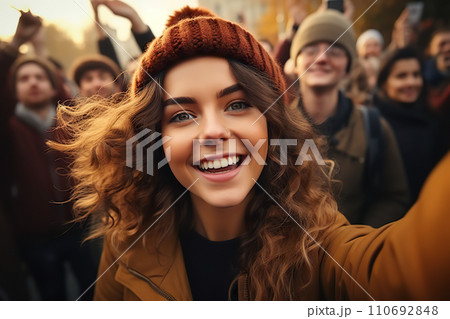 Empowered Diversity Joyful Woman in a Vibrant Street Rally Amongst a Diverse Demonstrating Group. created with Generative AI 110692848