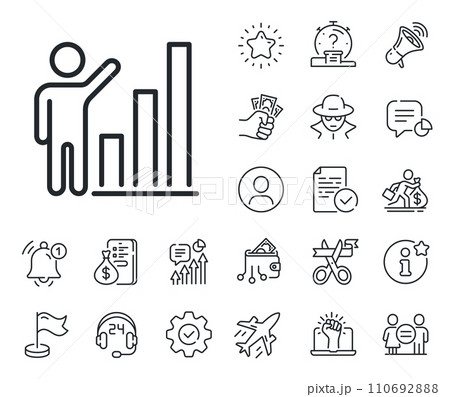 Column chart sign. Salaryman, gender equality and alert bell outline icons. Graph line icon. Growth diagram symbol. Graph chart line sign. Spy or profile placeholder icon. Vector 110692888