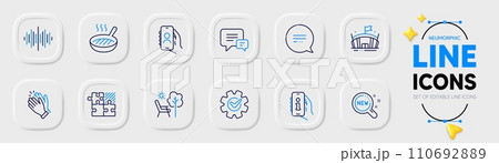 Grill pan, Deckchair and Sound wave line icons for web app. Pack of Support, Comment, Clapping hands pictogram icons. User call, New products, Text message signs. Puzzle game, Arena, Cogwheel. Vector Grill pan, Deckchair and Sound wave line icons for web app. Pack of Support, Comment, Clapping hands pictogram icons. User call, New products, Text message signs. Puzzle game, Arena, Cogwheel. Vector 110692889