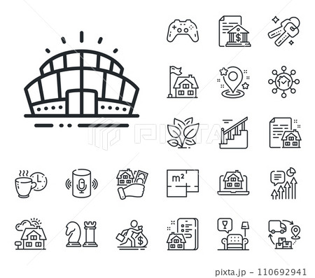 Sport complex sign. Floor plan, stairs and lounge room outline icons. Arena stadium line icon. Championship building symbol. Arena stadium line sign. House mortgage, sell building icon. Vector Sport complex sign. Floor plan, stairs and lounge room outline icons. Arena stadium line icon. Championship building symbol. Arena stadium line sign. House mortgage, sell building icon. Vector 110692941