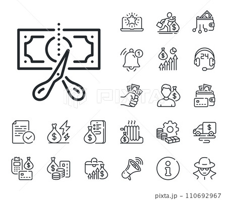 Reduction tax rate sign. Cash money, loan and mortgage outline icons. Cut tax line icon. Inflation symbol. Cut tax line sign. Credit card, crypto wallet icon. Inflation, job salary. Vector 110692967