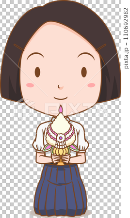 Cartoon girl student raising trays to pay homage to teachers. For Teacher's Day. 110692982