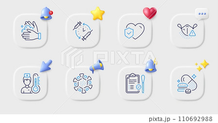 Life insurance, Medical mask and Wash hands line icons. Buttons with 3d bell, chat speech, cursor. Pack of Coronavirus, Vaccination schedule, Thermometer icon. Vector 110692988